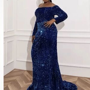 Dazzling Off-Shoulder Blue Sequin Maxi Dress